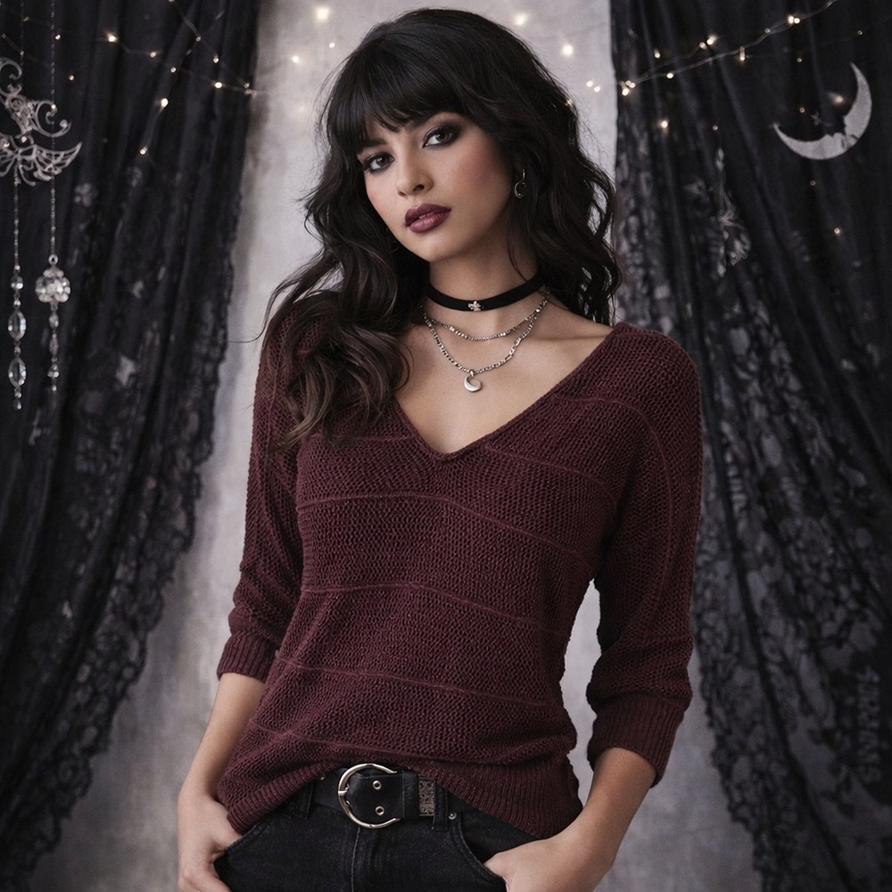 Y2K Vanity Long Burgundy Maroon Knit Sweater Elbow Length Sleeves - Small‎